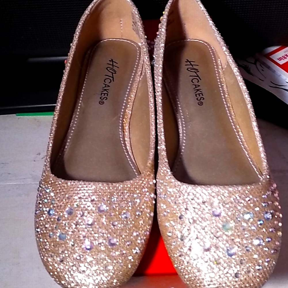 Little girls rhinestone flat gold shoes